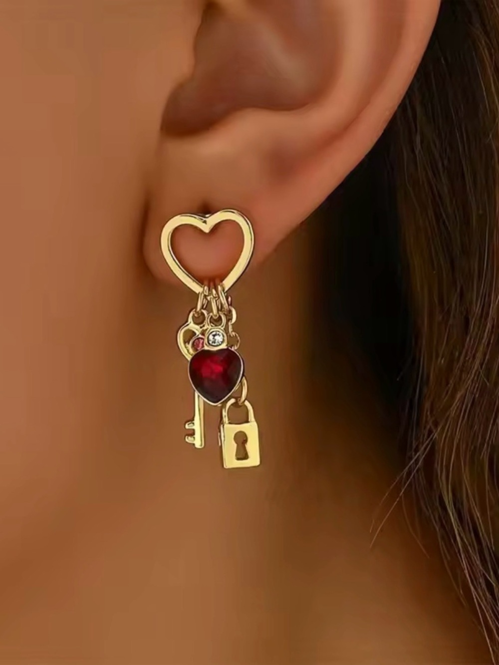 Gold Heart Lock & Key Drop Earrings with Red Heart Crystal